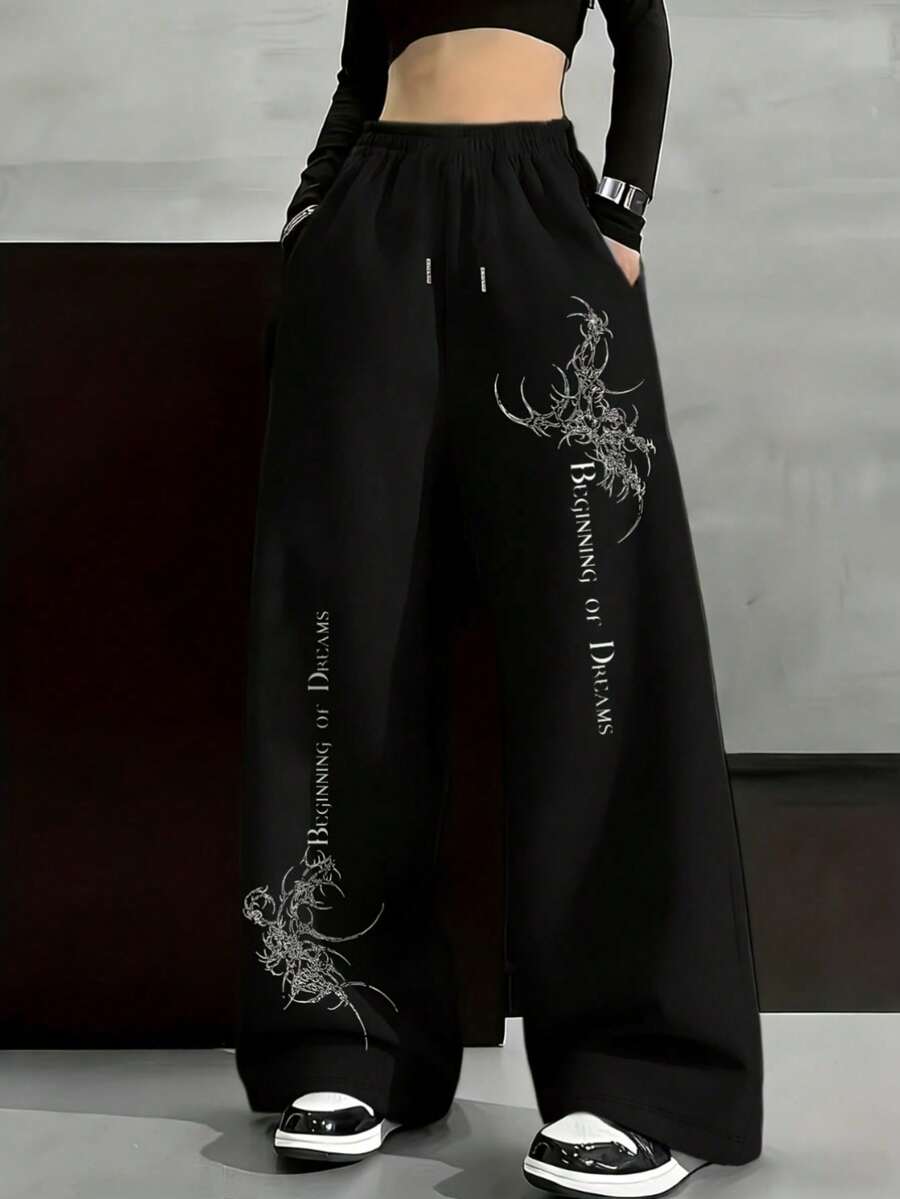 UPTAN Pantalones de chándal de pierna ancha para mujer con cintura elástica y cordón - Pantalones de pierna recta adecuados para uso diario, fiestas - A - Ver 1