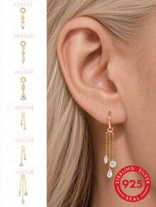 1pc 925 Sterling Silver Classic Geometric Cubic Zirconia Pendant Earrings, Hypoallergenic Exquisite Jewelry, Suitable For Women's Daily, Vacation, Party, Holiday Gift - Gold - View 1