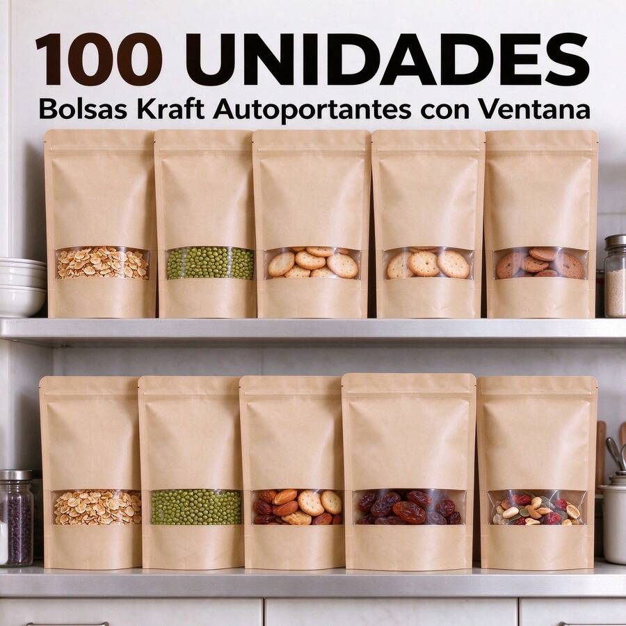 100 papel kraft en base plana, ventana transparente, hermético y resellable, PE, aptas para alimentos, libres de BPA, ideales para almacenar café, té, aperitivos y cereales.