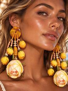 Handmade Pink Fabric Rose Bud Tassel Earrings, Summer Beach Vacation Style Marble Pattern Resin Disc Multi-Layer Mixed Bead Pendant Exaggerated Earrings, For Women - Multicolor 2 - View 3