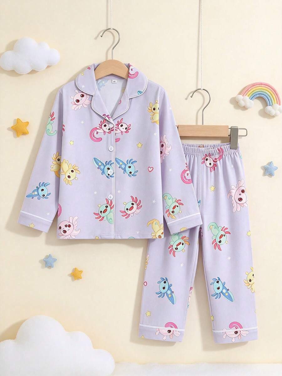 Tween Girls Cute Axolotl Print Button Front Long Sleeve Pajama Set, 2pcs Lapel Top & Pants Soft Sleepwear For Autumn Winter Home Outfit Loungewear - Lilac Purple - View 1