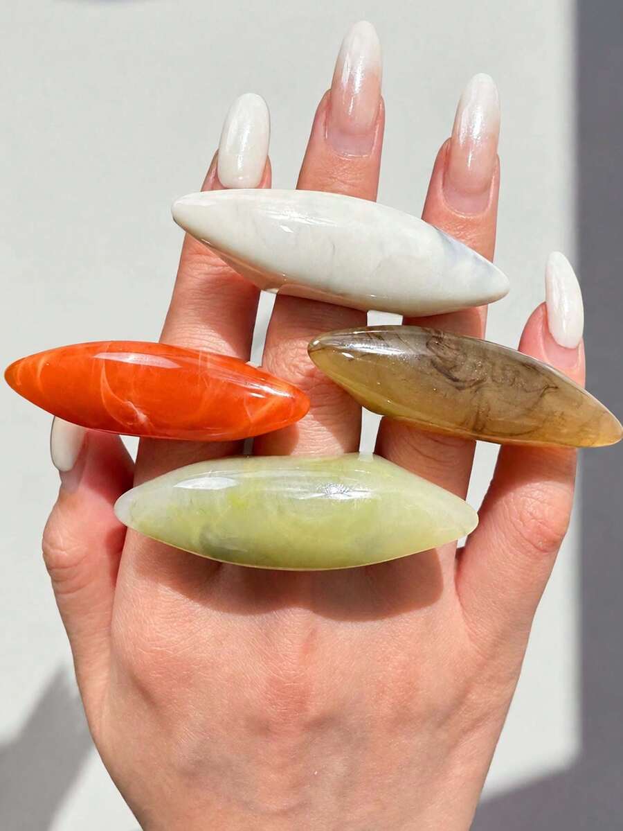 4pcs/Set Fashion Unique Geometric Minimalist Resin Rings, Oversized Oval Ring Set, Brown, Red, Green, Grey, White Rings, Women's Style, Suitable For Daily Wear, Holidays And Parties. - Multicolor - View 1