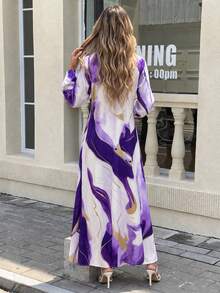SwallowLucky Women's Marble Print Long Sleeve Shirt Dress Loose Curved Hem Maxi Dress Casual Vacation Work Outdoor Outfit - Lilac Purple - View 3