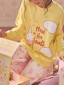 Gongdie MIFFY 2pcs/Set  Women's Pajama Set, Autumn Yellow Soft Cotton Loungewear With Pockets - Yellow - View 6