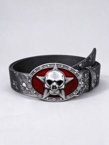 1pc Halloween Party Skull Buckle PU Printed Black Belt, Street Punk Unisex Design - Multicolor - View 2