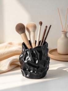 1pc Aesthetic Wavy Edge Makeup Brush Holder, Crinkled Texture Design Desktop Organizer, Large Capacity Storage Cup For Vanity Table Countertop, Multipurpose Pen Pot & Cosmetic Tools Container For Bedroom Bathroom Decor - Multicolor - View 4
