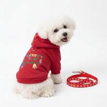 Christmas Pet Sweatshirt Set, Red Dog Sweatshirt With Matching Paw Print Leash, Winter Fleece Warm Puppy Clothes, Cat Outfit, Suitable For Small Dogs S-XL - Red - View 1
