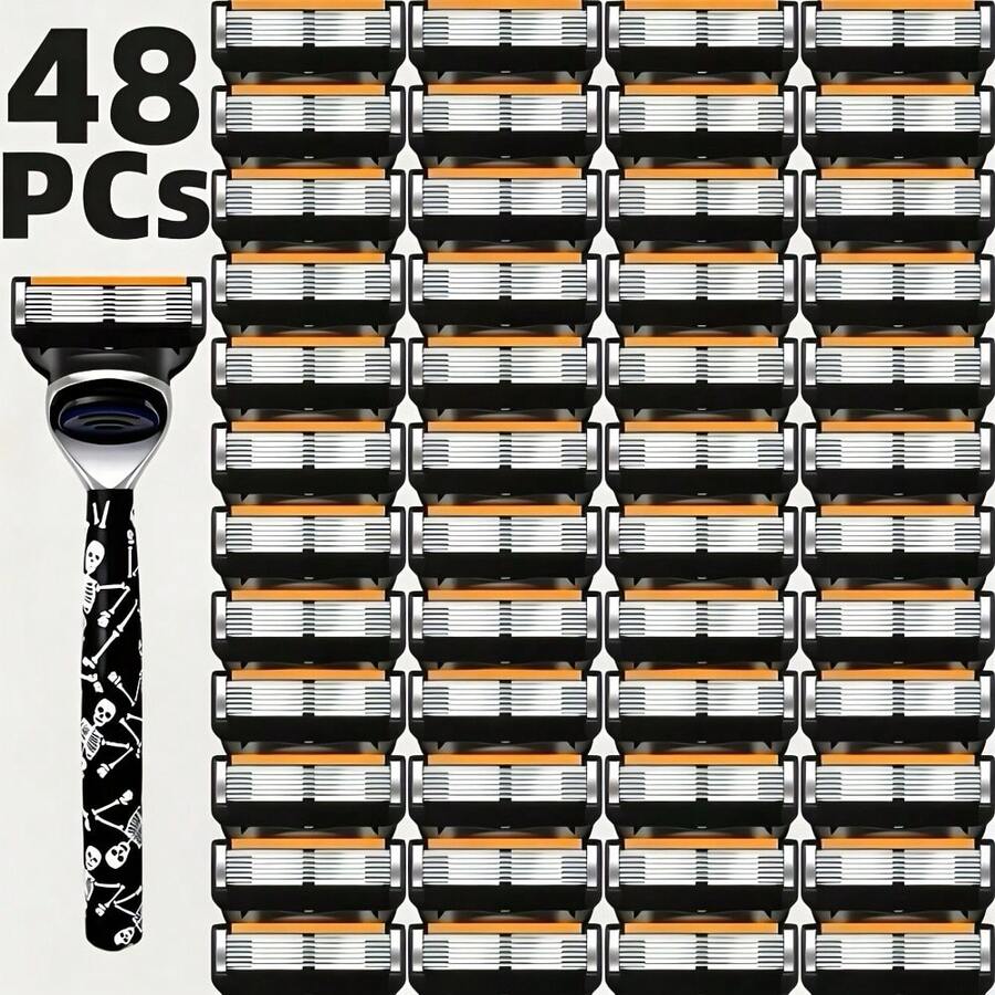 Men Manual Shaving Razor Kit, 1 Skull Pattern Handle With Replaceable Blade Heads, Sharp Blades For Clean Beard Shaving, Gentle On Skin, Great For Personal Use Or Christmas Valentine Gift For Men - Skull - View 1