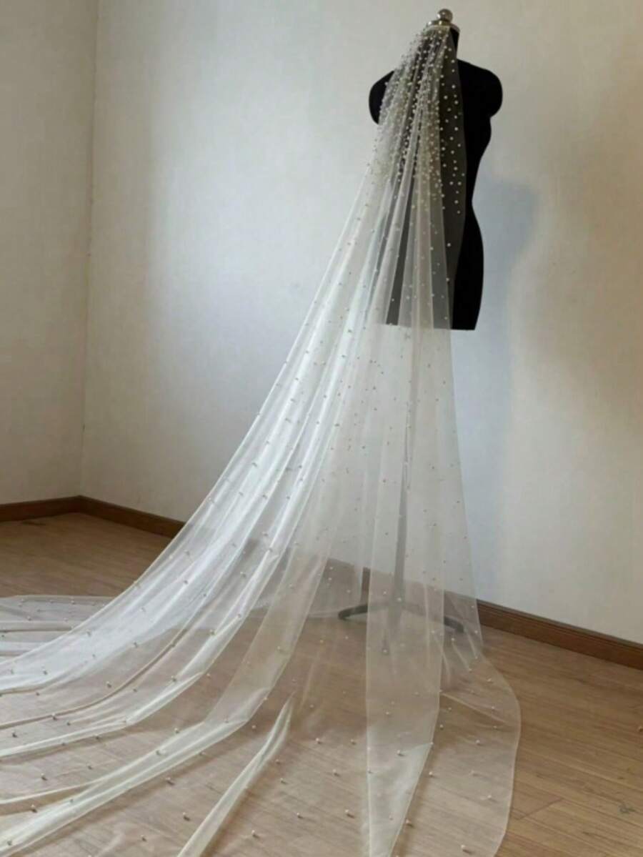 Single Layer Tulle Large Pearl Bridal Veil, Long Train Cathedral Style Women's Veil - Ivory - View 1