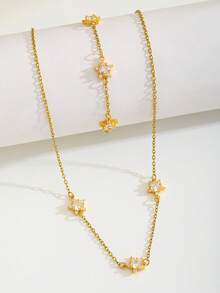 2件組女孩金色亮面花朵項鍊與手鍊套組，透明石墜飾，兒童飾品，適合生日派對、聖誕禮物、日常配戴，可愛風格 - 金色 - 查看 7