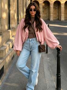 Women's Fashionable Pink Puff Sleeve Baseball Jacket, Vintage Collar Elegant Zipper Jacket For Outdoor Wear, Spring - Pink - View 2