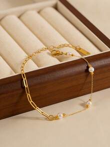 1pc Minimalist Fashion Cute Patchwork Bracelet, Gold Stainless Steel Paperclip Chain With Faux Pearl, Suitable For Women - Yellow Gold - View 6