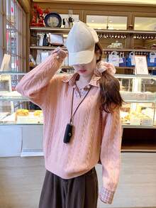 Korean Style Pink 2 In 1 Sweater Women Autumn/Winter Shirt Patchwork Inner Layer Knit Top - Pink - View 6