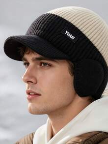 Men's Winter Thermal Lined Thick Knit Hat With Ear Flaps Design, Colorblock Sun Hat - Suitable For Cold Weather Outdoor Travel And Outdoor Activities - A - View 2