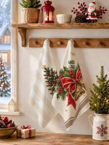 2pcs Vintage Christmas Tree Pine Cone Berry Bell Pattern Kitchen Towels, Soft Polyester Dish Cloths, Suitable For Kitchen Decor, Kitchen Cleaning, Holiday Party Decoration, Kitchen & Bathroom Supplies, Home Essentials, Home Decor, Housewarming Gift - Multicolor - View 5