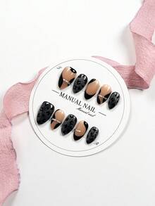 JUTI 10PCS Handmade Medium Oval Press‑On Nails, Autumn Winter Solid Burgundy & Tortoise Shell French Tip Design, False Nails, Including 1 Nail File, 1 Jelly Gel - Multicolor - View 2