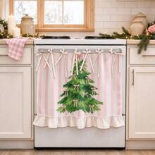 1PC Tie Strap Kitchen Curtain, Pink White Vertical Stripe, 2D Flat Print Pink Bow Christmas Tree Pattern, Ruffle Hem, Cabinet Stove Protective Curtain, Christmas Kitchen Home Window Decor - Multicolor - View 7
