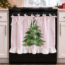 1PC Tie Strap Kitchen Curtain, Pink White Vertical Stripe, 2D Flat Print Pink Bow Christmas Tree Pattern, Ruffle Hem, Cabinet Stove Protective Curtain, Christmas Kitchen Home Window Decor - Multicolor - View 6