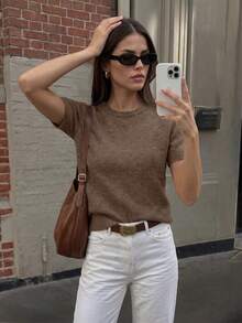 FOR BEAUTY Women's Y2K Solid Color Short Sleeve Knit Top, Casual Crew Neck Pullover, Daily Commute, Summer Women's Top, Solid Color Top For Going Out - Gray Brown Mixed - View 5
