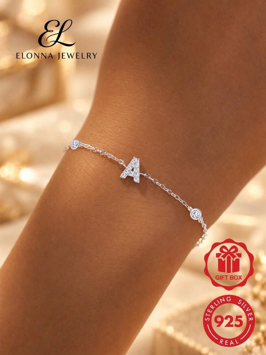 SYMFNY 1pc 925 Sterling Silver Minimalist Cubic Zirconia 26 Letters A-Z Bracelet