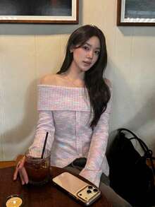 Off-Shoulder Ombre Pink Knit Sweater, Button Front, Asymmetric Hem, Long Sleeves, Medium Stretch, Elegant Fall/Winter Outfit Chic Top - Pink - View 5