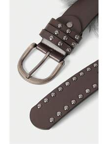 Noxbound 1pc Women's Coffee Color PU Leather Punk Style Double Row Rivet Decor Belt, Versatile Waist Band - Coffee - View 6