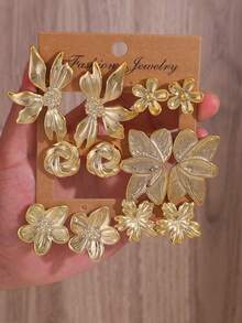 2/12pcs Fashion Stud Earrings Set, Exaggerated Round Twisted Flower Series Earrings, Perfect For Daily Wear, Travel And Vacation, For Women - Gold - View 8
