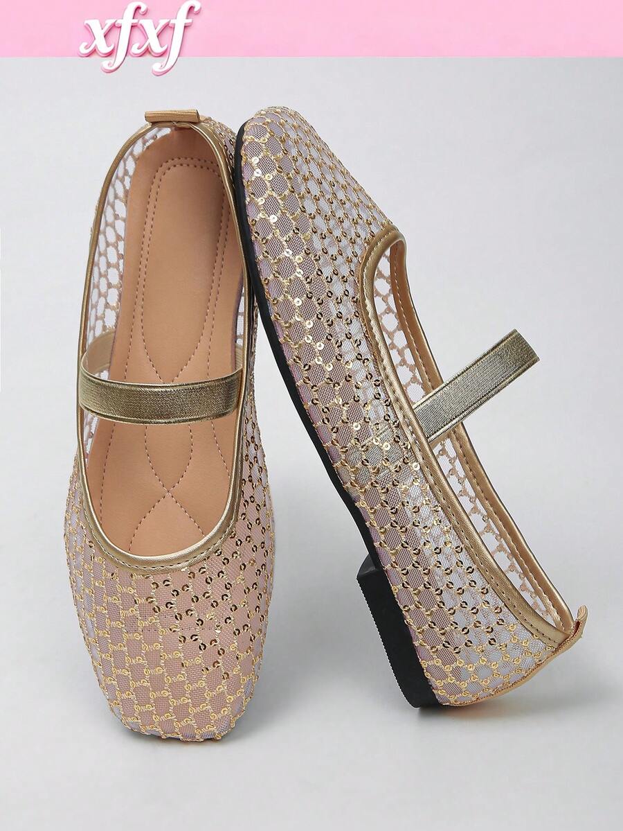 Sepatu Sol Datar Jala Berpayet XfLadies, Bernapas dan Nyaman, Cocok untuk Berbelanja/Pemakaian Kasual Sehari-hari. - Emas - View 1