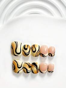 秋季 10 片獨特風格手工穿戴甲 Polygel 凝膠美甲套組 線條設計 黑棕色指甲油 簡約風 含美甲工具 3 種尺寸可選 方形 短方形 杏仁形 適合派對、舞蹈、日常配戴（手工細節可能有所不同） - 彩色 - 查看 2