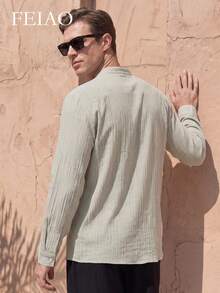 FEIAO Men's Vintage Style, Vintage Inspired, Textured Fabric, V-Neck, Button-Front, Long Sleeve Shirt - Versatile Casual Choice Suitable For All Seasons - Gray green - View 2