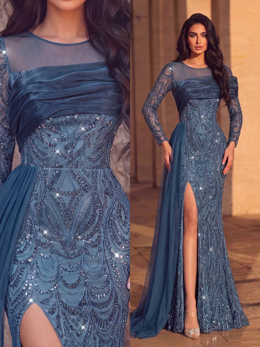 Faeriesty Elegant Long Sleeve Round Neck Sequin Formal Dress With Contrast Mesh And Split Thigh Details For Party And Prom Gown Occasions - Navy Blue - View 1
