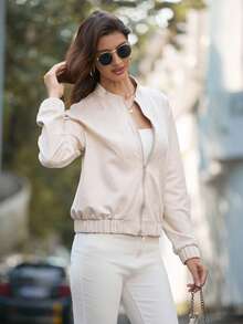 Women's Beige Knitted Long Sleeve Zipper Flight Jacket, Regular Length Baseball Collar, Suitable For Autumn Wear - Apricot - View 5
