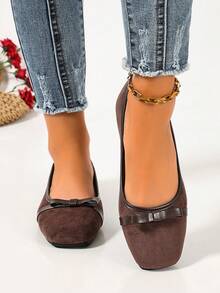Women's Square Toe Bow Flat Ballet Shoes, Minimalist Low Vamp Soft Sole Mary Jane, Commute Daily Versatile Flat Shoes - Coffee Brown - View 2