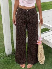 Girls' Vintage Leopard Print Wide Leg Denim Jeans, Mid-Waist Elastic Waist Loose Straight Leg Long Pants, Spring/Autumn/Winter - Coffee Brown - View 12