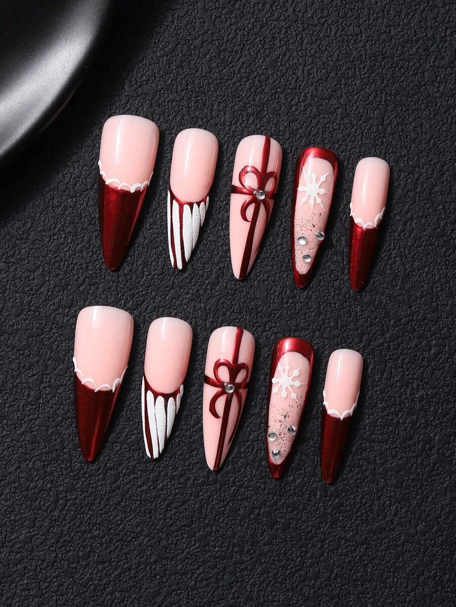 10pcs/Set Handmade Press-On Long Pointed Nails, Thickened Construction, Autumn/Winter Style, Hand-Painted French Red Metallic Texture, Hand-Painted Bow, Snowflake, White Lace Pattern, Transparent Rhinestone Inlay, Y2K Style, Christmas Holiday Style, Sweet & Cool Vibe, Includes 1pc Jelly Glue And 1pc Nail File. Suitable For Daily, Holiday And Party Nail Care. - Pink - View 1