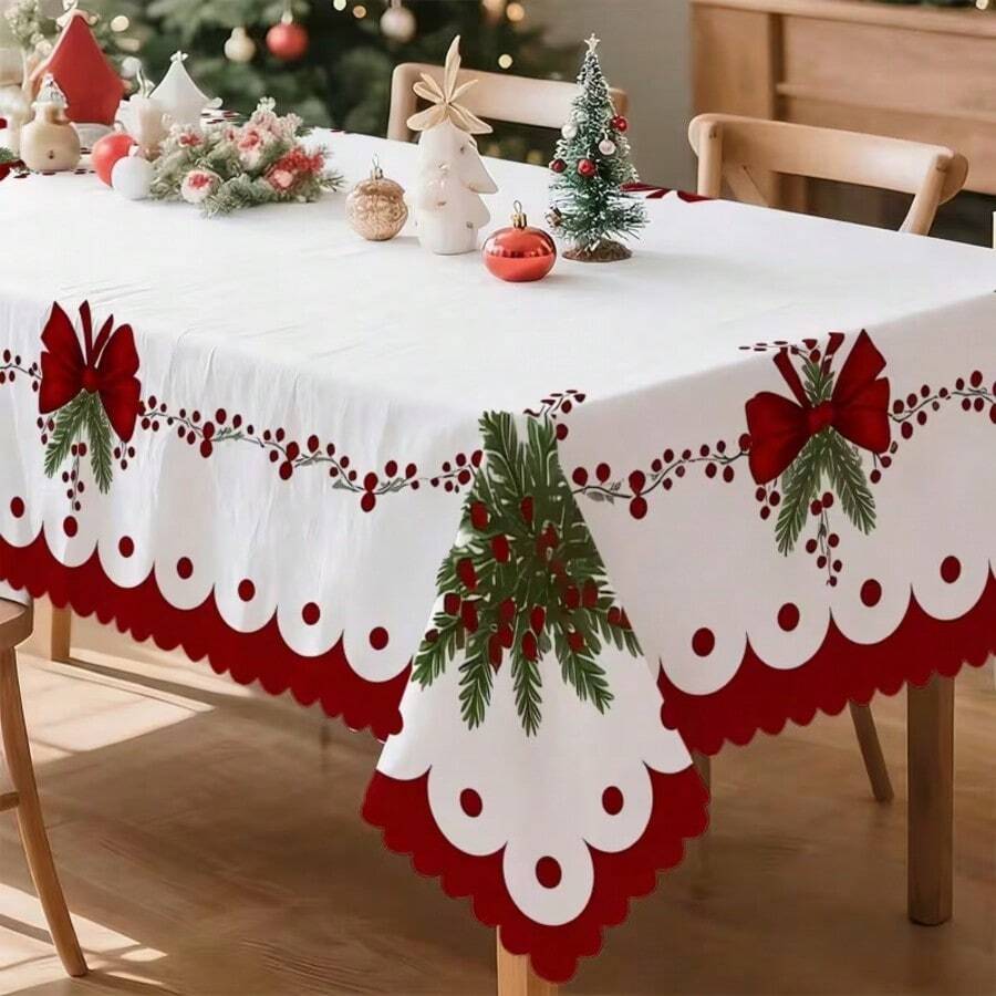 1PC Party Tablecloth, Minimalist Red & White Bow & Holly Berry Christmas Style Pattern Party Tablecloth, Durable Polyester Fabric, Suitable For Indoor/Outdoor Daily & Christmas Party Decoration, Easy To Clean Tablecloth, Suitable For Coffee Table, Dining Table, Hotel, Restaurant, Camping & European/American Home Kitchen Decor - A - View 1