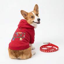 1 Set Christmas Dog Hoodie Leash Set, Red Fleece Lined Pet Hoodie With Leash Hole, Winter Warm Puppy Clothes, S-XL - Red - View 1