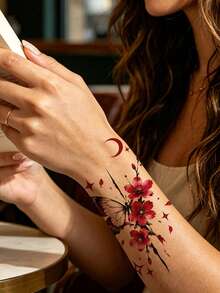 1 Sheet Flower Pattern Tattoo Sticker, Waterproof Floral Hand Tattoo, Butterfly Temporary Tattoo For Women And Men, Suitable For Hand, Arm And Body Decoration, Moon, Plum Blossom Fake Tattoo - Multicolor - View 3