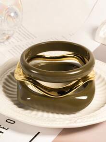 3pcs Green Casual Elegant Style Geometric Asymmetrical Resin Bracelets, Suitable For Daily Wear - Green - View 6