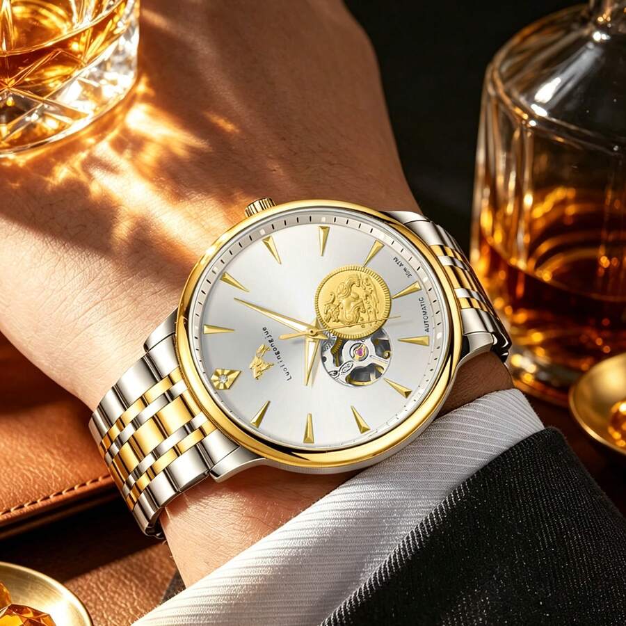 FENSIR 1pc Men's Automatic Mechanical Watch, Half Skeleton Dial, Gold-Tone Relief Decor, Two-Tone Metal Bracelet, Business Dress Wrist Watch - White - View 1