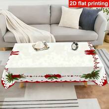 1PC Party Tablecloth, Minimalist Red & White Bow & Holly Berry Christmas Style Pattern Party Tablecloth, Durable Polyester Fabric, Suitable For Indoor/Outdoor Daily & Christmas Party Decoration, Easy To Clean Tablecloth, Suitable For Coffee Table, Dining Table, Hotel, Restaurant, Camping & European/American Home Kitchen Decor - A - View 3