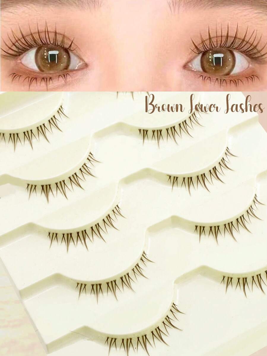 5 Pairs Brown Lower Eyelashes With Tapered Ends, Cartoon Eye Style, Cross-Fluffy Faux Mink Eyelashes, Lightweight, Curled, Invisible Band, Natural Fluffy, Handmade Exquisite, Japanese And Korean Sweet Cartoon Eye Lower Eyelashes - Brown - View 1