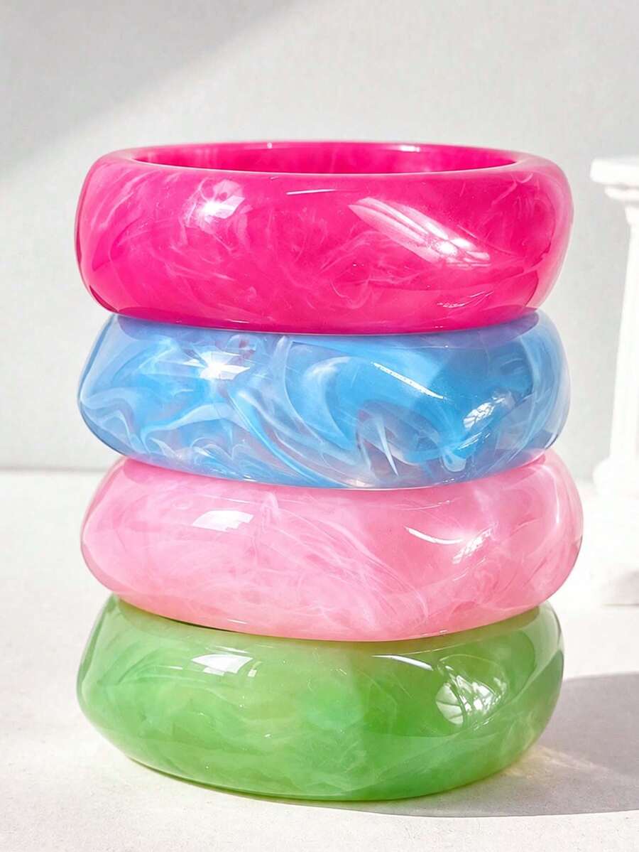 4pcs/Set Women's Geometric Square Resin Bangle Set, Asymmetric Pink, Blue, Green, Magenta Cuff Bracelets, Fashionable Multi-Functional Women's Jewelry - Multicolor - View 1