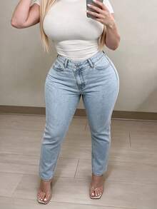Jeans American Vintage Style High Waist Straight Leg Pants Light Blue Washed Slimming Design Plus Size Women Daily Commute / Casual Streetwear - Blue - View 3