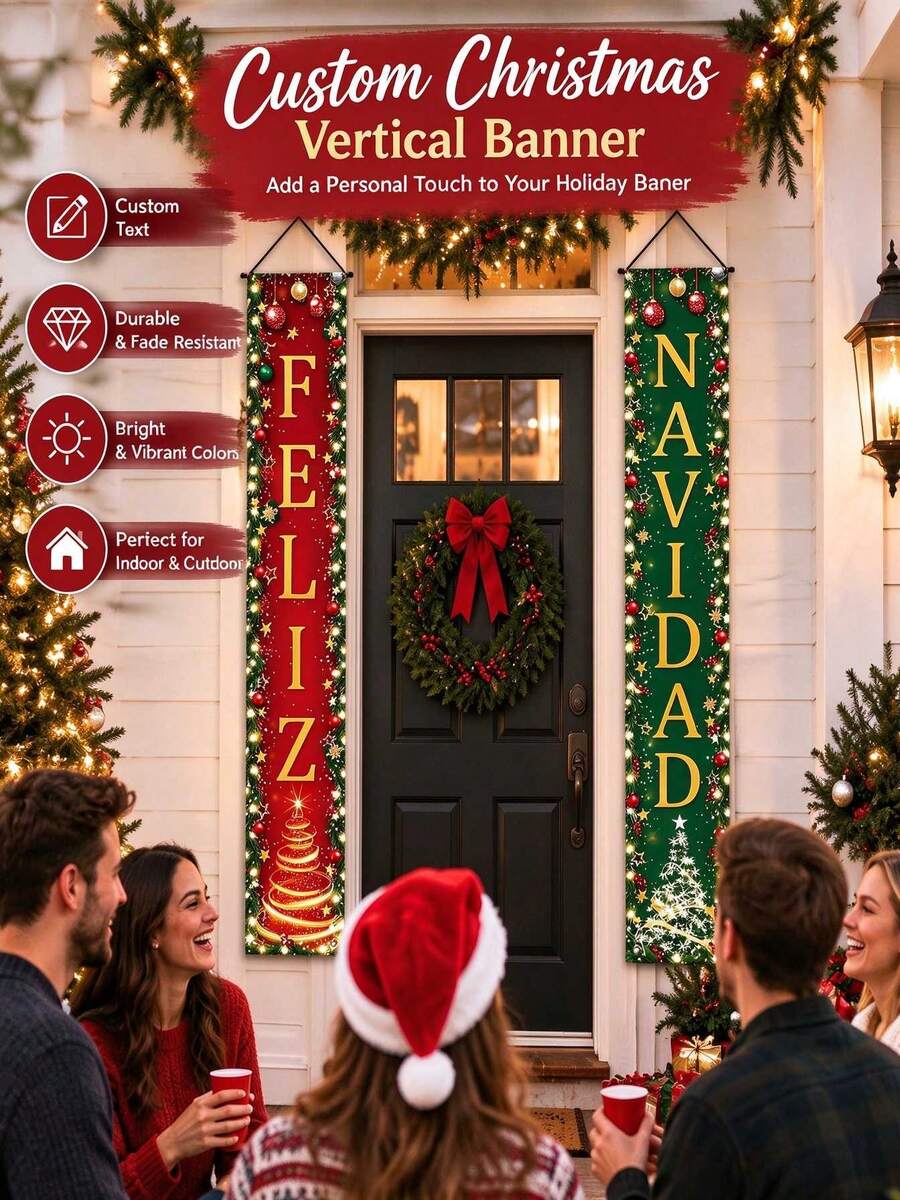 Customized Christmas Couplets, Customizable Text Vertical Christmas Door Couplets, Customizable Christmas Hanging Couplets, Suitable For Porch, Home, Holiday Party Decoration, Christmas Special Edition! - Multicolor - View 1