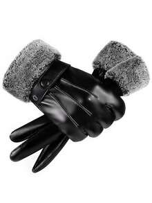 Men's PU Leather Winter Touchscreen Gloves, Faux Fur Collar Windproof Non-Slip Warm Driving Gloves With Adjustable Buckle - Black - View 7