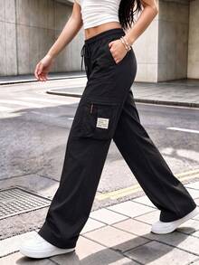 Cargo Pants With Elastic Waist, Drawstring, Multiple Pockets, Zipper, Slimming Fit, Versatile Long Pants For Outdoor - Black - View 3