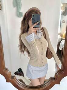 Setelan Dua Potong Gaya Akademi Prancis 2 in 1: Blus Lengan Panjang Bergaris Blok Warna dan Rok Mini Bergaris Ketat untuk Wanita, Musim Gugur/Dingin - Warna khaki muda dengan garis-garis biru - View 2
