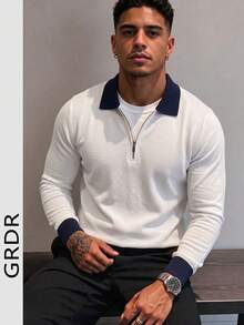 GRDR Men's Autumn/Winter Colorblock Turn Collar Knit Sweater, Solid Color Long Sleeve Knit, Suitable For Autumn/Winter Outings And Travel, Fashion Essential - White - View 4