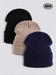 3pcs Men's Knitted Beanie, Double Layer Warm Knitted Hat, Folded Brim Loose Brimless Design, Suitable For Cold Weather, Autumn/Winter Knitted Hat - Multicolor - View 1